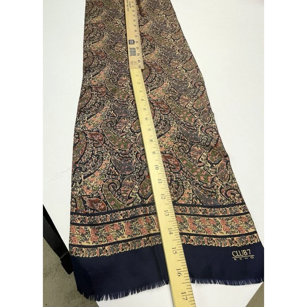 Club 7 ECHO Scarf Silk Navy Pink Floral Paisley Fringe Rectangle 11x52